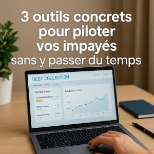Ordinateur portable affichant un tableau de bord de recouvrement avec graphique et liste de créances en retard, illustrant une gestion simplifiée des impayés.