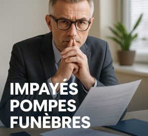 Dirigeant d’entreprise funéraire consultant une facture impayée, illustrant le thème des impayés pompes funèbres.
