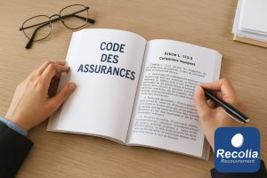 Personne feuilletant le Code des assurances français pour vérifier les obligations légales liées aux cotisations impayées d’une mutuelle.