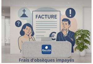 Illustration représentant deux personnes préoccupées devant une facture d’obsèques impayée, dans un contexte funéraire, avec le logo Recolia Recouvrement.