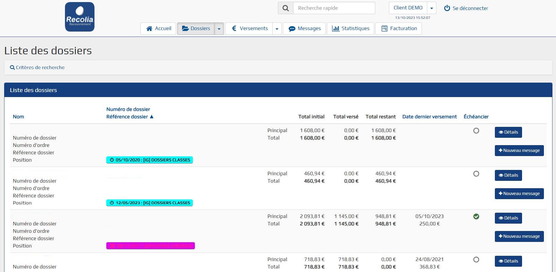 Interface WebInfo de RECOLIA Recouvrement, suivi en temps réel des dossiers de recouvrement