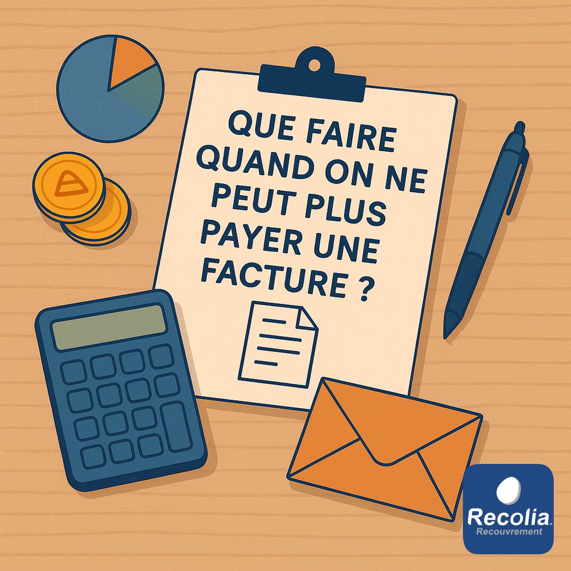 Illustration plate d&rsquo;un bureau avec une feuille &laquo; Que faire quand on ne peut plus payer une facture ? &raquo;, une calculatrice, des pi&egrave;ces et une enveloppe, symbolisant la recherche de solutions face aux difficult&eacute;s financi&egrave;res.