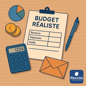 Illustration d’un budget réaliste avec calculatrice, pièces, stylo et feuille de calcul sur une table en bois, symbolisant la gestion financière et la sérénité budgétaire.