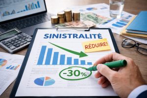 Document financier affichant une baisse de la sinistralité en assurance-crédit avec graphique décroissant et mention -30 %, illustrant la réduction du taux de sinistre et la stabilisation de la prime.