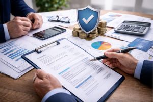 Analyse de factures impayées et de documents financiers lors d’une réunion professionnelle sur la gestion du risque client et le recouvrement amiable.