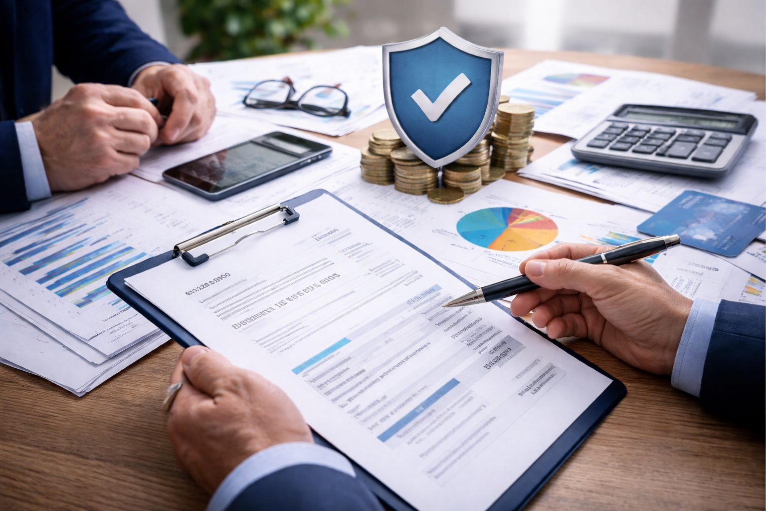 Analyse de factures impayées et de documents financiers lors d’une réunion professionnelle sur la gestion du risque client et le recouvrement amiable.