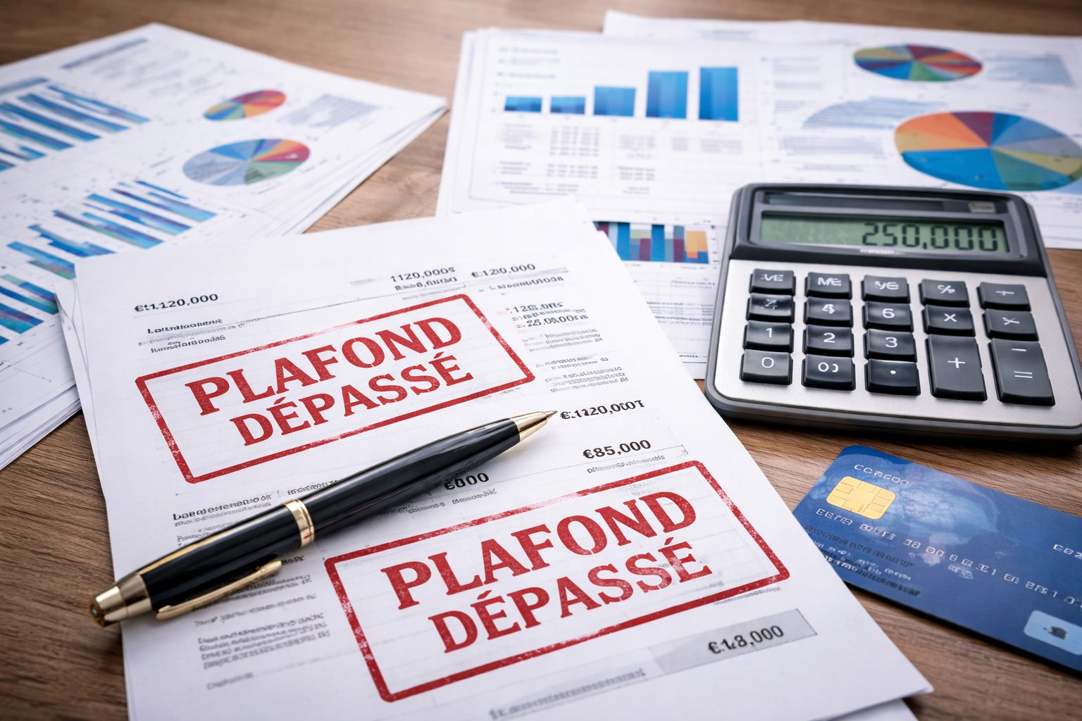 Documents financiers et calculatrice sur un bureau illustrant un dépassement de plafond de garantie en assurance-crédit et l’analyse du risque client.