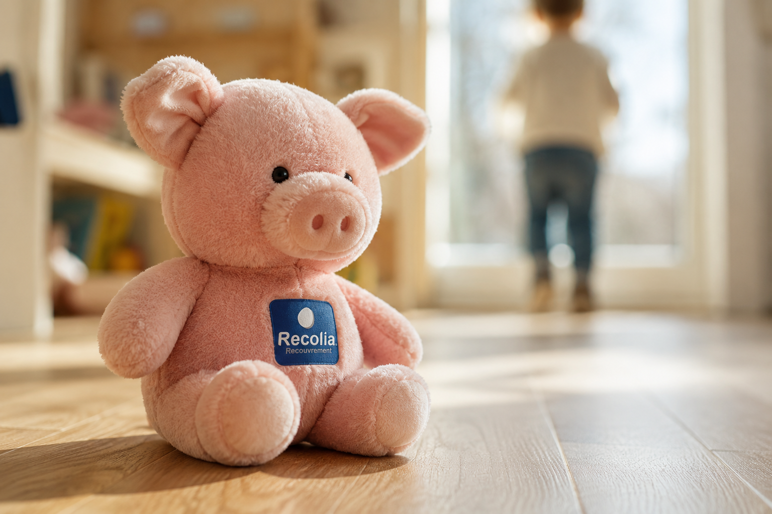 Peluche cochon portant une étiquette RECOLIA, posée sur le sol d'une salle de crèche