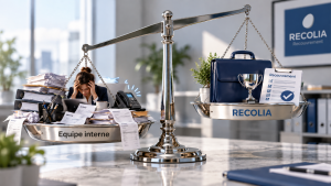 Balance comparant le recouvrement en interne, avec une équipe débordée et des factures en désordre, face à RECOLIA Recouvrement, côté serein avec dossier et document validé