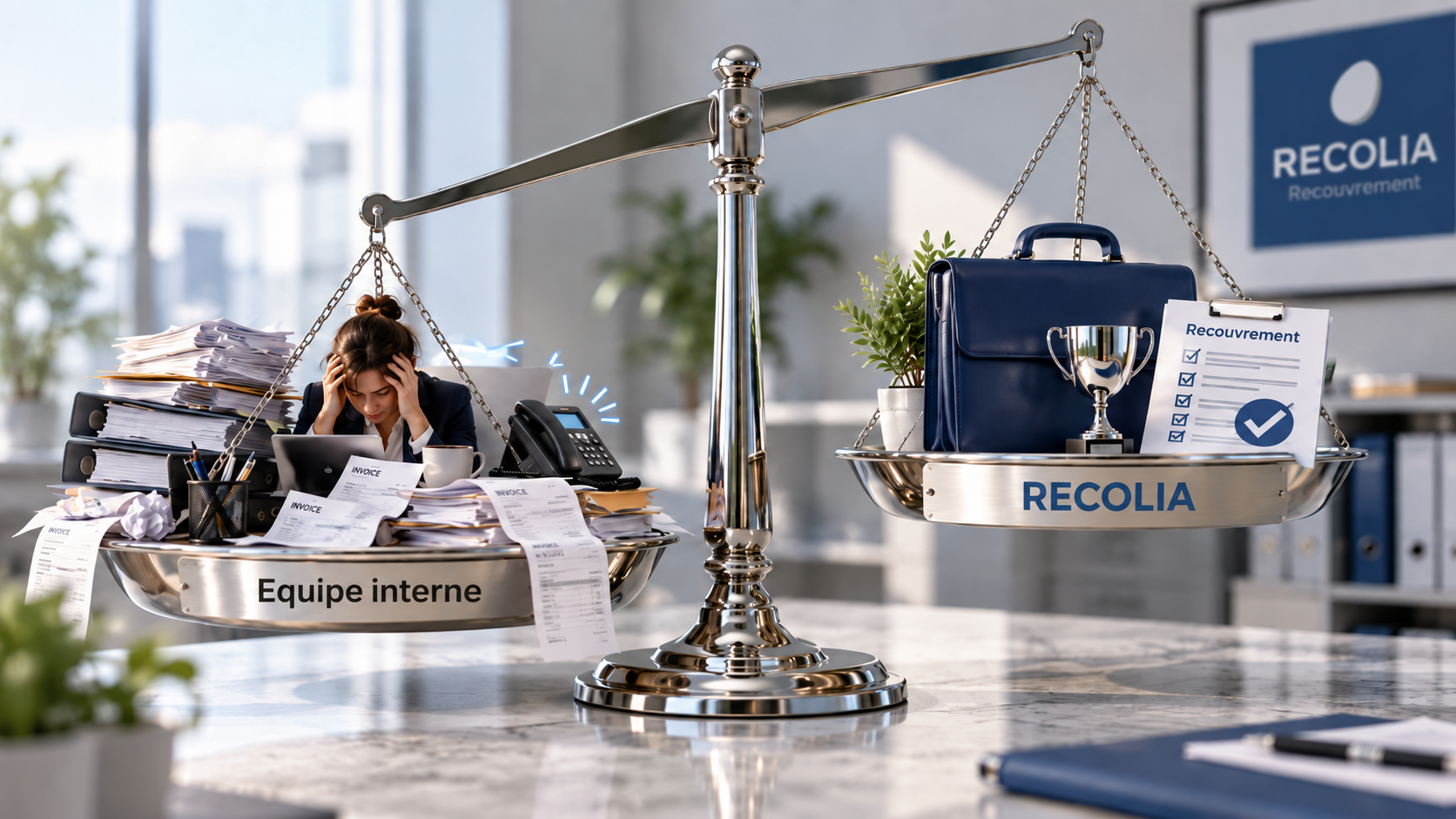 Balance comparant le recouvrement en interne, avec une équipe débordée et des factures en désordre, face à RECOLIA Recouvrement, côté serein avec dossier et document validé
